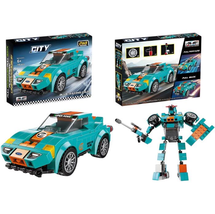 Joc de construit 2 in 1 masina de curse pull back si robot, 196 piese [2]