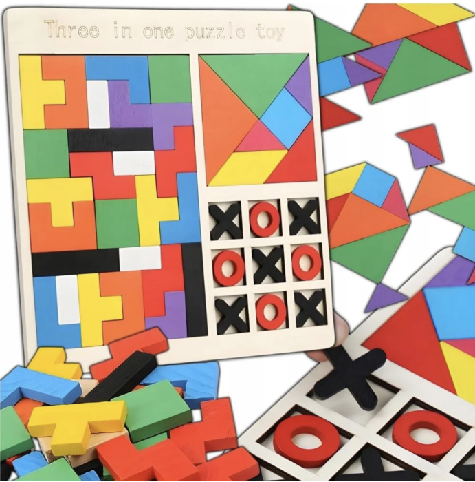 Joc din lemn 3 in 1 – Tetris, Tangram, X si 0 – multicolor [5]