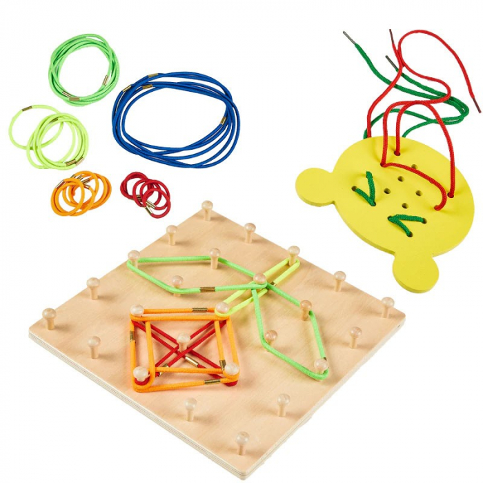 Joc din lemn Montessori Geoboard Snururi si Elastice cu 2 table