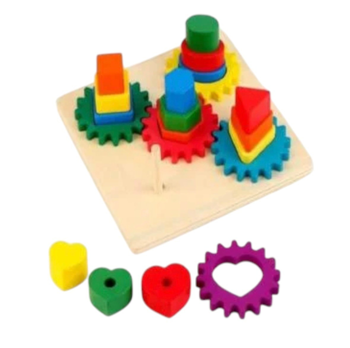 Joc Educativ Montessori 5 Coloane cu Forme Geometrice si Sistem de Roti Zimtate, Multicolor