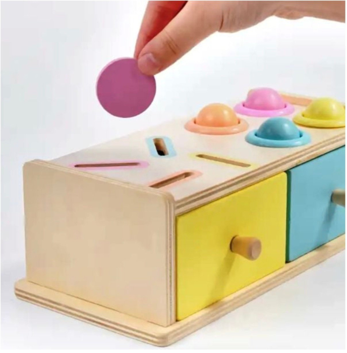 Joc educativ Montessori Cutia cu sertare sortatoare, pastel, din lemn [5]