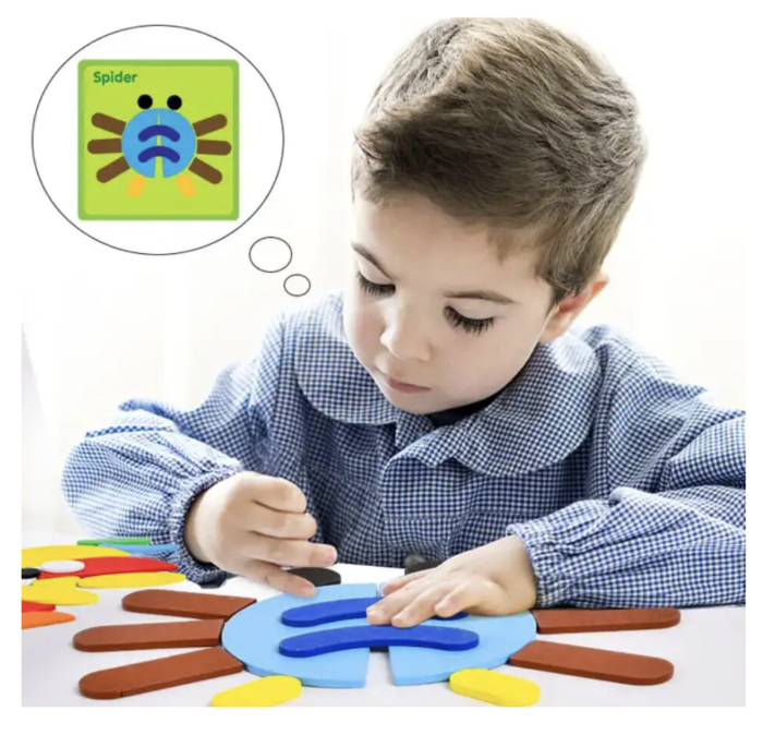 Joc educativ Tangram cu 30 piese geometrice multicolore – Montessori, +3 ani, din lemn [3]