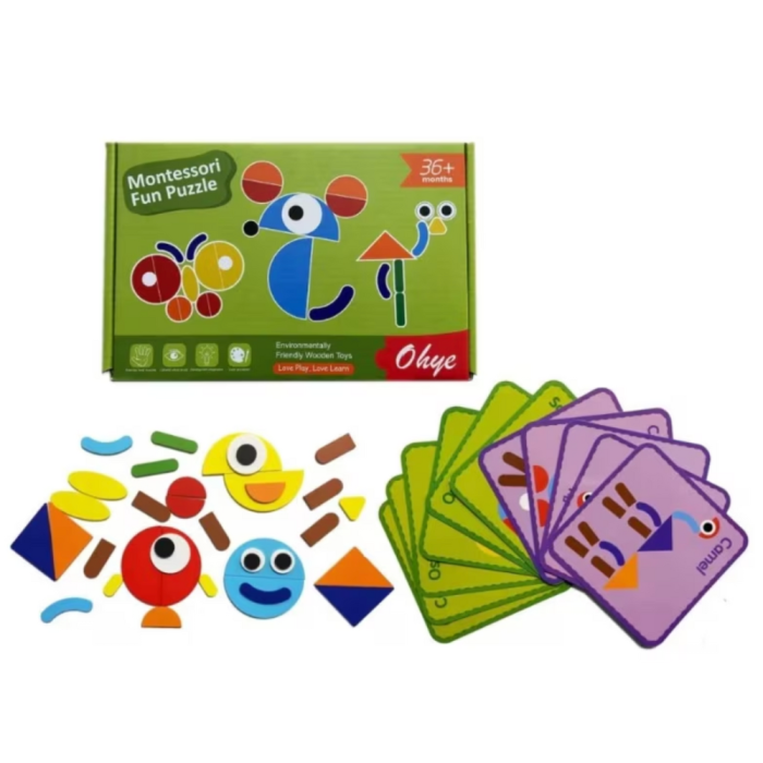Joc educativ Tangram cu 30 piese geometrice multicolore ,   Montessori, +3 ani, din lemn