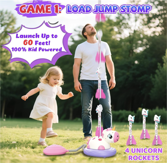 Joc interactiv de miscare 3 in 1 Unicorn cu lansator de rachete, sarituri si aruncare de inele [3]