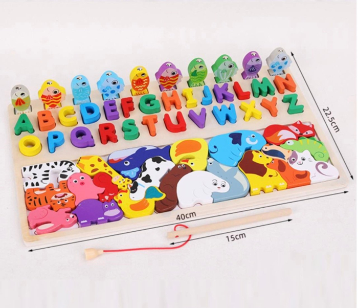 Joc Logarithmic Montessori 4 in 1, cu tetris cu Animale, joc de pescuit, litere, incastru, din lemn [4]