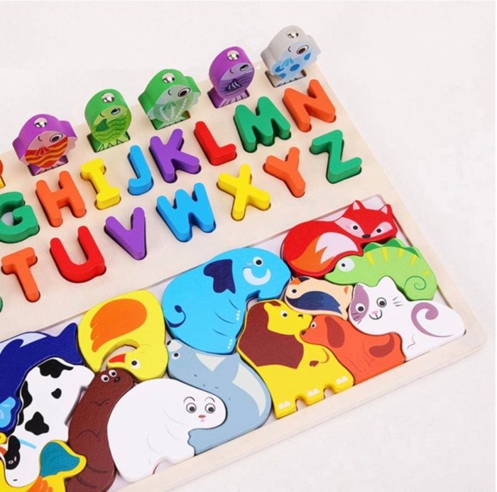 Joc Logarithmic Montessori 4 in 1, cu tetris cu Animale, joc de pescuit, litere, incastru, din lemn [3]