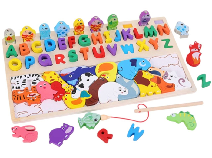 Joc Logarithmic Montessori 4 in 1, cu tetris cu Animale, joc de pescuit, litere, incastru, din lemn