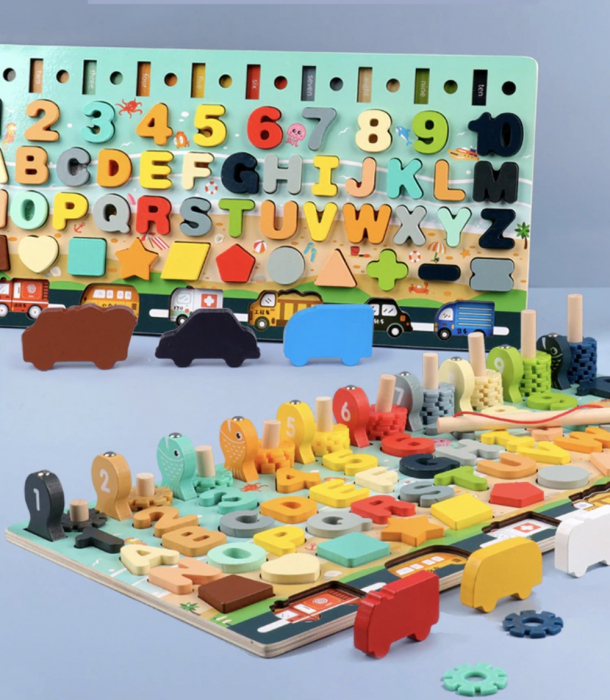 Joc Logarithmic Montessori 8 in 1, cu cifre, litere forme si vehicule, din lemn [2]