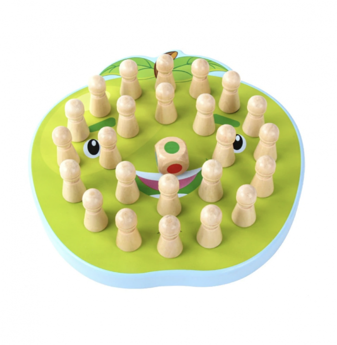 Joc montessori 2 in 1, de memorie memory chess si tintar, marul verde, din lemn