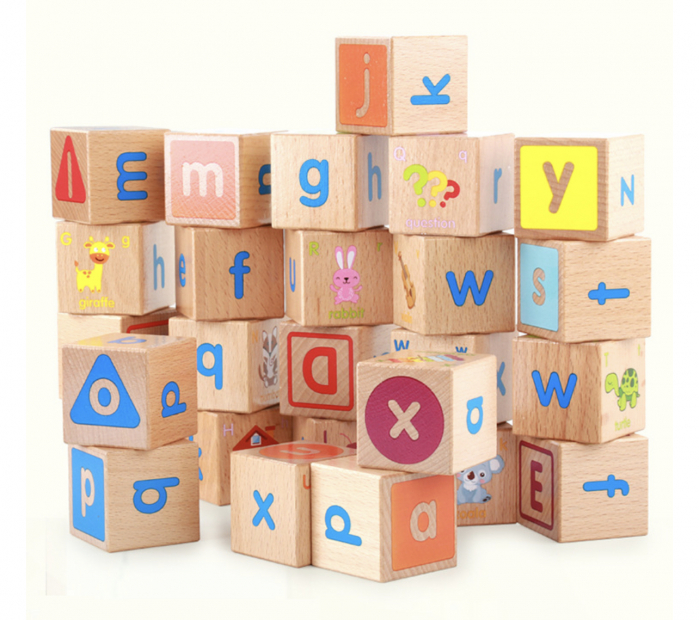 Joc Montessori 26 piese Cuburi cu Literele alfabetului, cuvinte, culori, animale, din lemn [7]