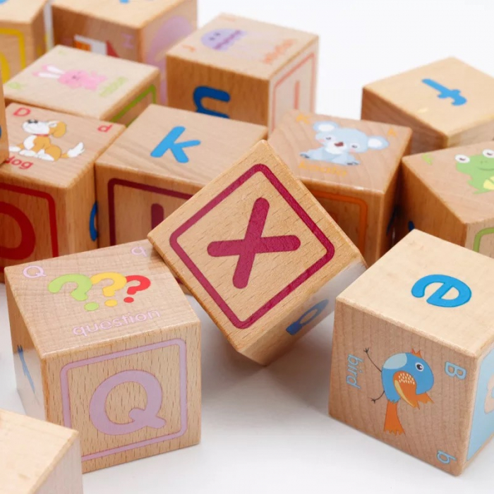 Joc Montessori 26 piese Cuburi cu Literele alfabetului, cuvinte, culori, animale, din lemn [15]