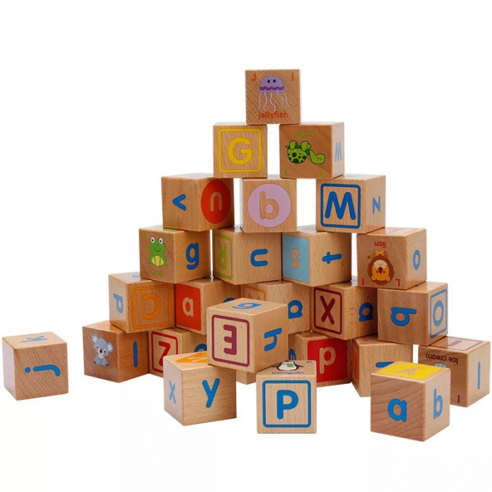 Joc Montessori 26 piese Cuburi cu Literele alfabetului, cuvinte, culori, animale, din lemn [3]