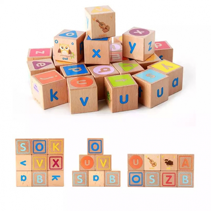 Joc Montessori 26 piese Cuburi cu Literele alfabetului, cuvinte, culori, animale, din lemn [4]