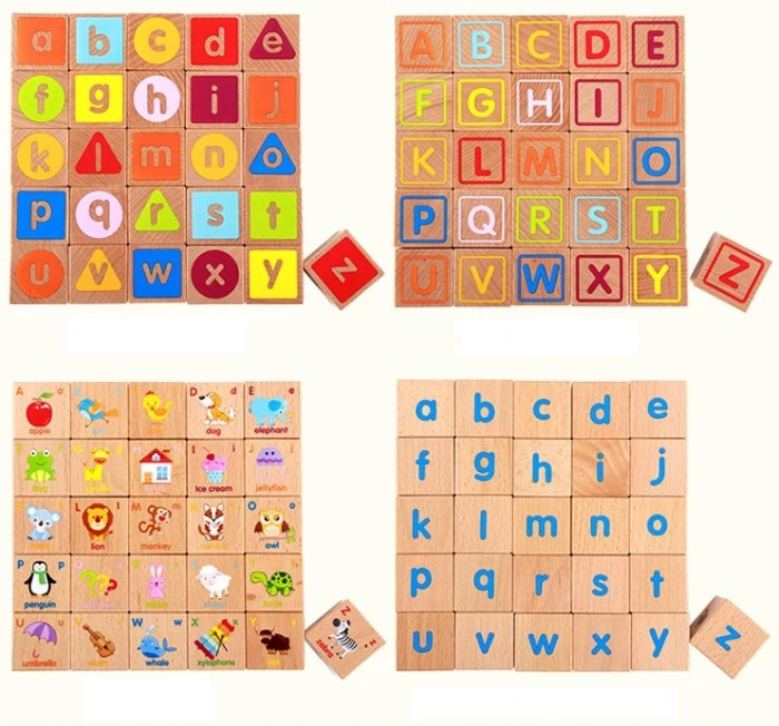 Joc Montessori 26 piese Cuburi cu Literele alfabetului, cuvinte, culori, animale, din lemn [2]