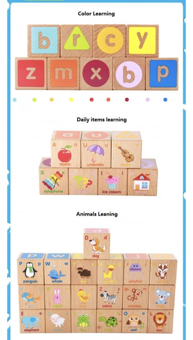 Joc Montessori 26 piese Cuburi cu Literele alfabetului, cuvinte, culori, animale, din lemn [10]