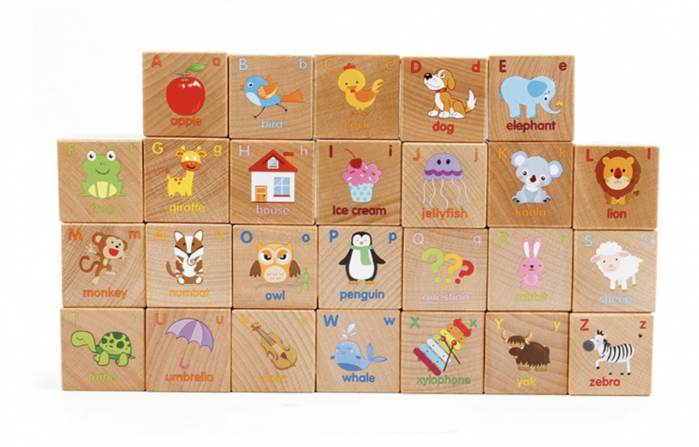 Joc Montessori 26 piese Cuburi cu Literele alfabetului, cuvinte, culori, animale, din lemn [22]