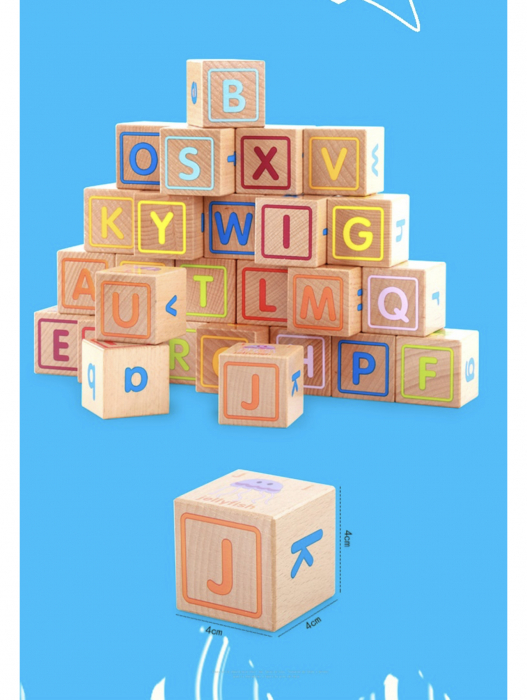 Joc Montessori 26 piese Cuburi cu Literele alfabetului, cuvinte, culori, animale, din lemn [6]