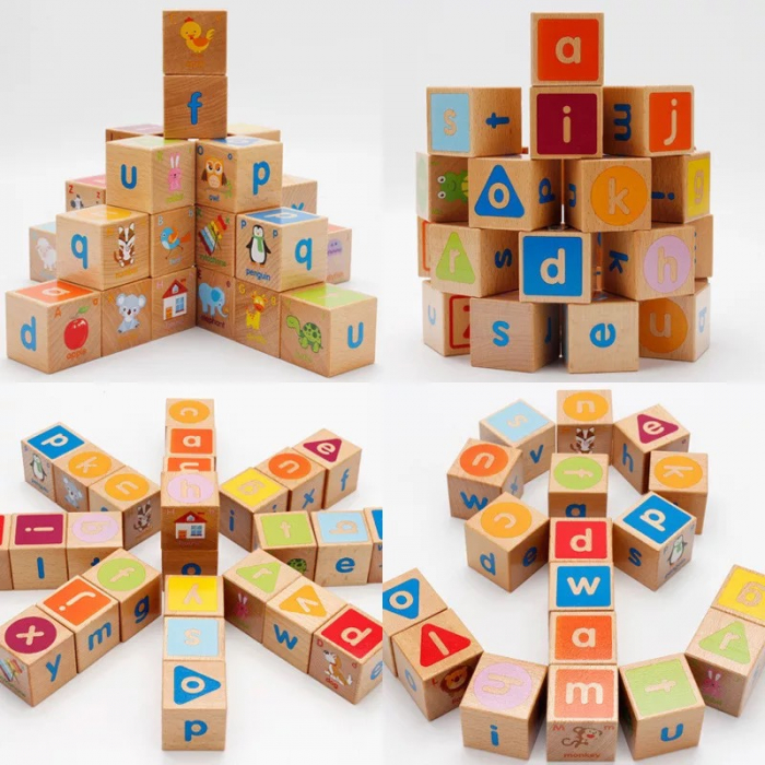 Joc Montessori 26 piese Cuburi cu Literele alfabetului, cuvinte, culori, animale, din lemn [14]