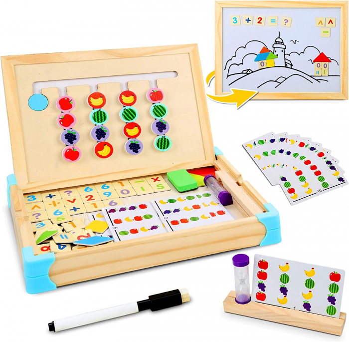 Joc Montessori 3 in 1, asociaza fructele, tabla de scris si tangram magnetice [1]