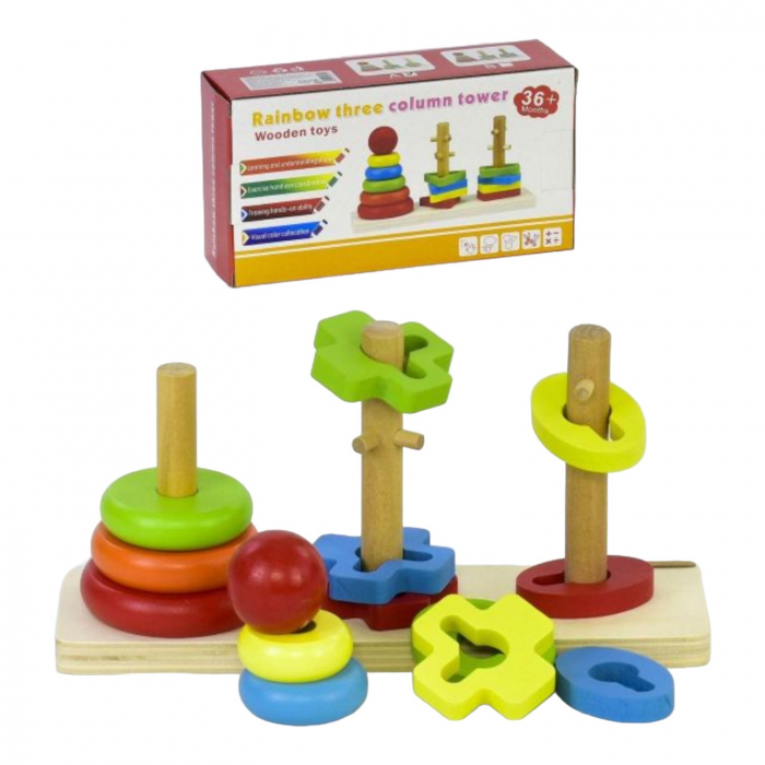 Joc Montessori 3 turnuri de sortare complexa, Rainbow, din lemn