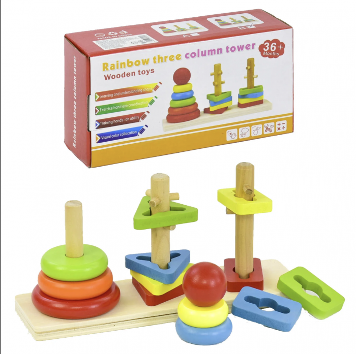 Joc Montessori 3 turnuri de sortare complexa, Rainbow, din lemn [3]