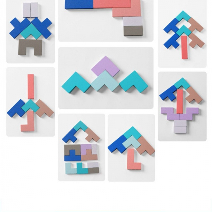 Joc Montessori 5 in 1, cu tangram, tetris si piese magnetice, din lemn [7]