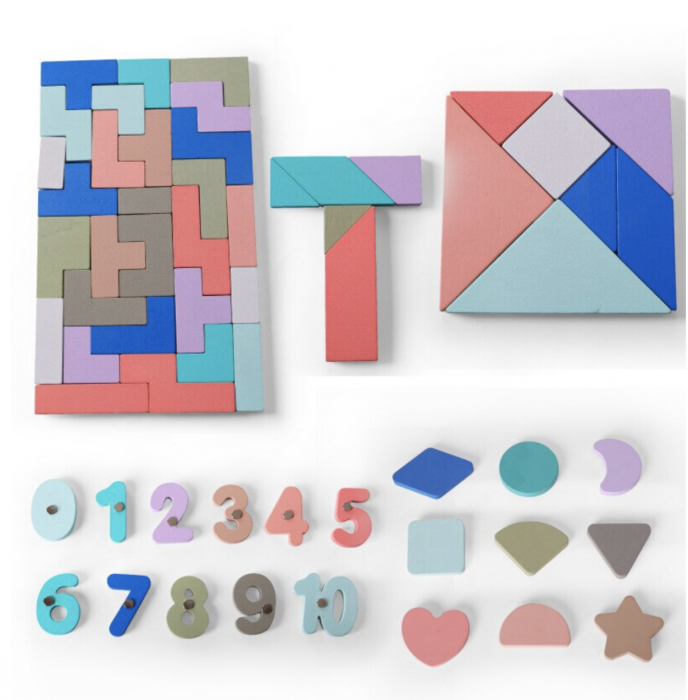 Joc Montessori 5 in 1, cu tangram, tetris si piese magnetice, din lemn [2]