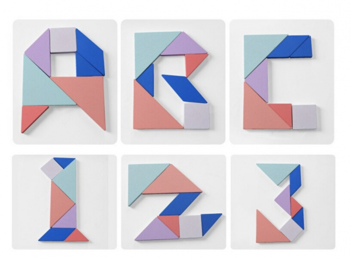 Joc Montessori 5 in 1, cu tangram, tetris si piese magnetice, din lemn [3]