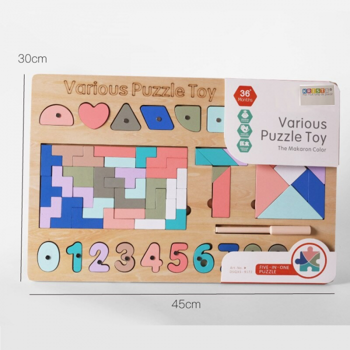 Joc Montessori 5 in 1, cu tangram, tetris si piese magnetice, din lemn [12]