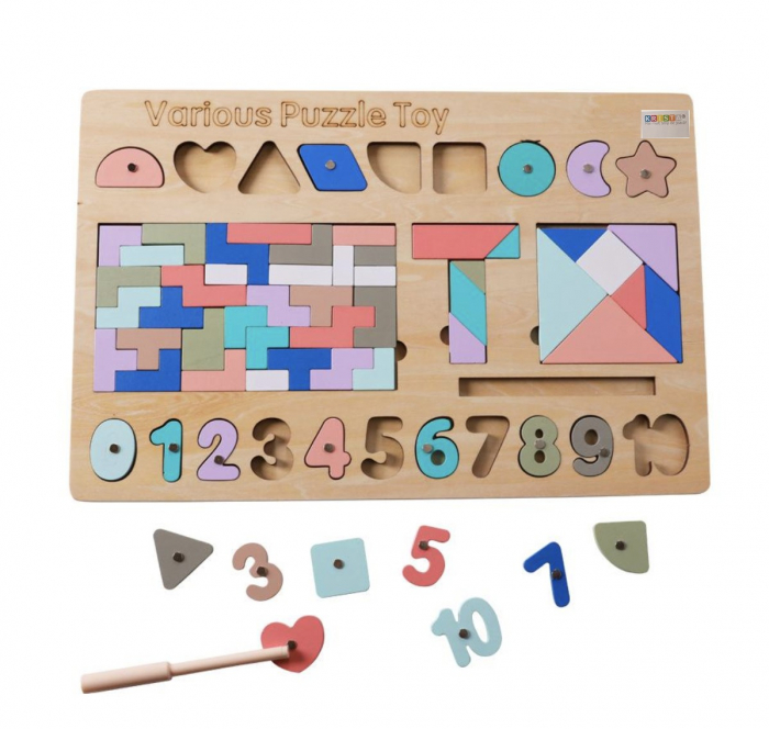 Joc Montessori 5 in 1, cu tangram, tetris si piese magnetice, din lemn [1]