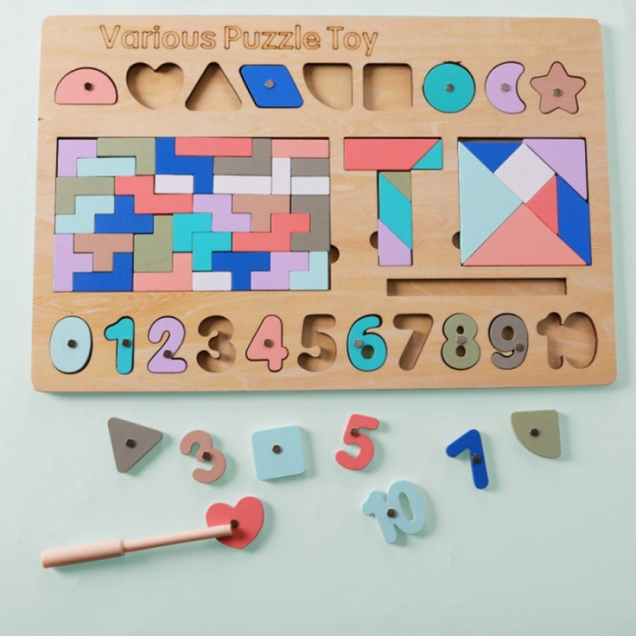 Joc Montessori 5 in 1, cu tangram, tetris si piese magnetice, din lemn [11]