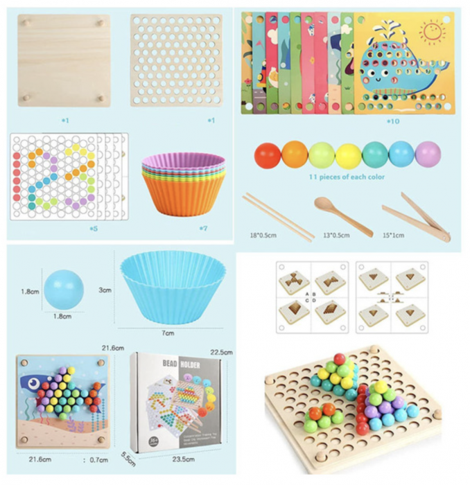 Joc educativ Mozaic Montessori cu 77 bile din lemn, boluri din silicon, penseta si sabloane, +3 ani [11]