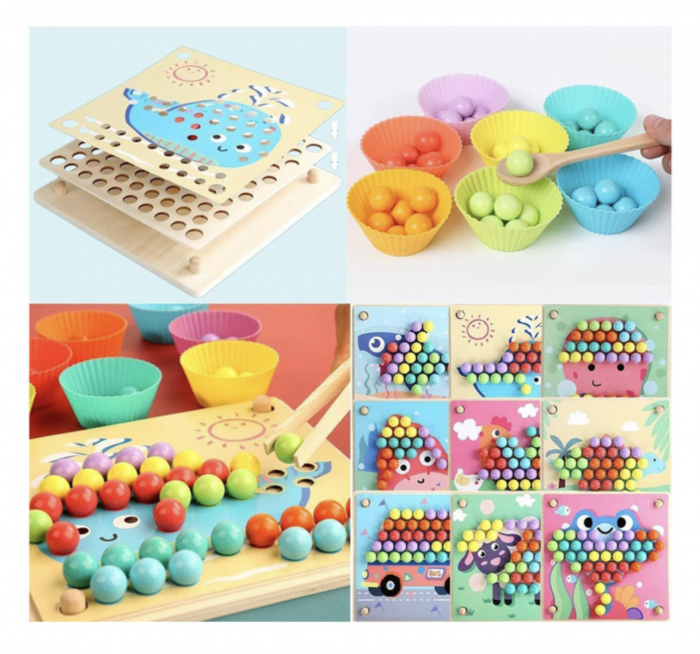 Joc Montessori Advanced Clip Beads, de indemanare si asociere culori cu bilute, din lemn [10]