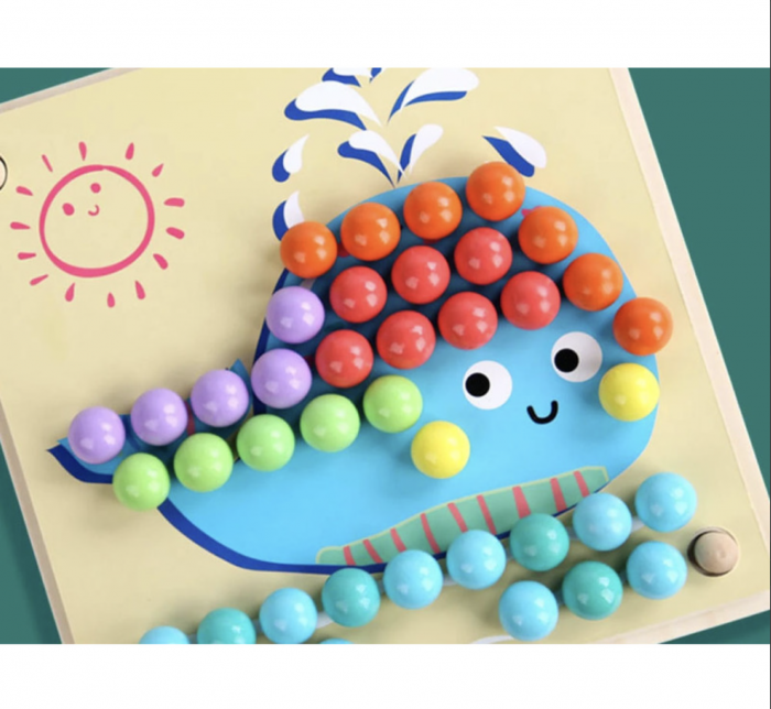 Joc educativ Mozaic Montessori cu 77 bile din lemn, boluri din silicon, penseta si sabloane, +3 ani [12]