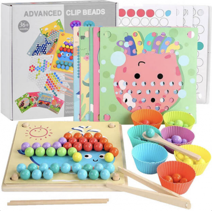 Joc Montessori Advanced Clip Beads, de indemanare si asociere culori cu bilute, din lemn [9]
