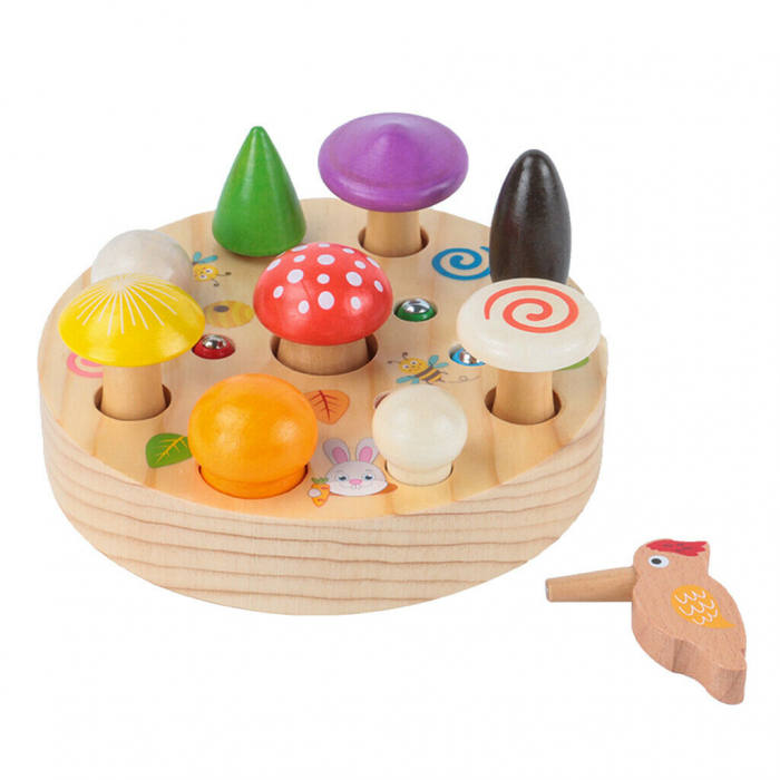 Joc Montessori Ciupercutele si viermisorii, de pescuit si indemanare din lemn