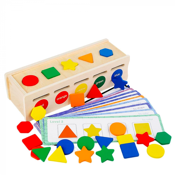 Joc Montessori Cutie de sortare culori si forme, 25 piese si 13 cartonase