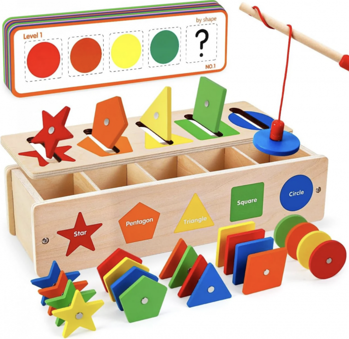 Joc Montessori 3 in 1 Cutie de sortare si pescuit culori si forme magnetice, 25 piese si 11 cartonase