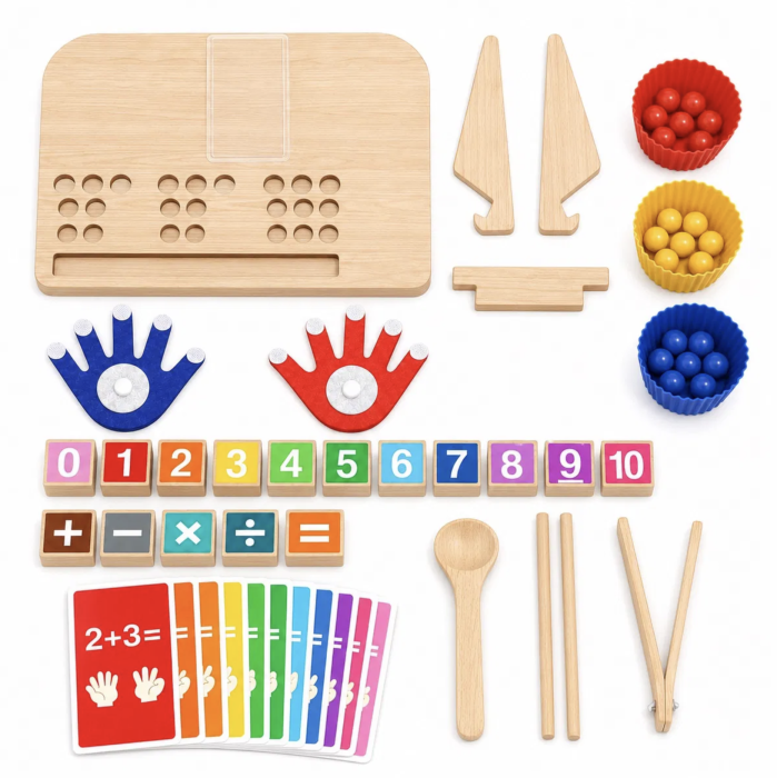 Joc Montessori din lemn 4 in 1 matematica, numarat pe degete, sortare culori si motricitate, +3 ani [3]