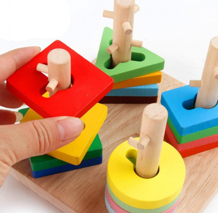Joc Montessori de indemanare cu 4 Coloane Sortatoare De Forme, Din Lemn [3]