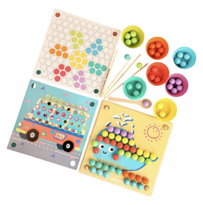 Joc Montessori Advanced Clip Beads, de indemanare si asociere culori cu bilute, din lemn [3]