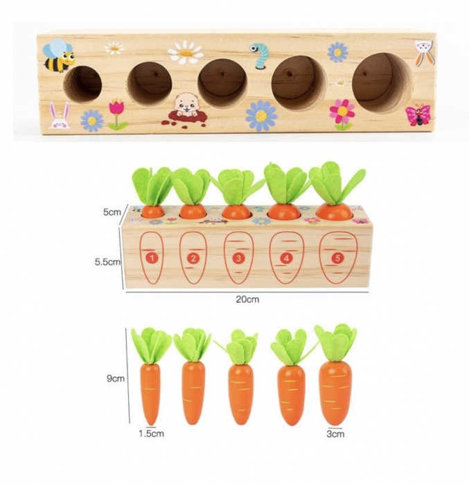 Joc Montessori de motricitate Morcovii - culegem si numaram, din lemn [2]