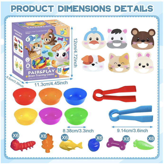 Joc Montessori de sortare culori cu piese silicon Hrana animalelor, 50 piese, 3 ani+ [10]