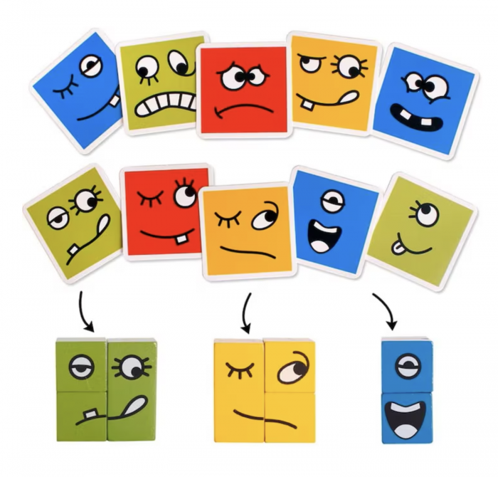 Joc Montessori Expresii faciale Emoji Cube in cutie metalica, 12 piese, din lemn [7]