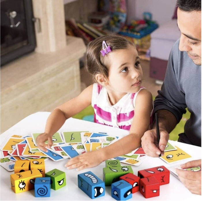 Joc Montessori Expresii faciale Emoji Cube in cutie metalica, 12 piese, din lemn [4]
