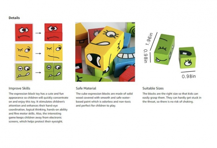 Joc Montessori Expresii faciale Emoji Cube in cutie metalica, 12 piese, din lemn [5]