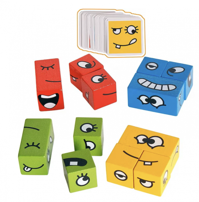 Joc Montessori Expresii faciale Emoji Cube in cutie metalica, 12 piese, din lemn [6]