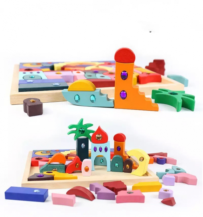 Joc Montessori Fairy Jumbo Rainbow, din lemn cu pietricele [6]