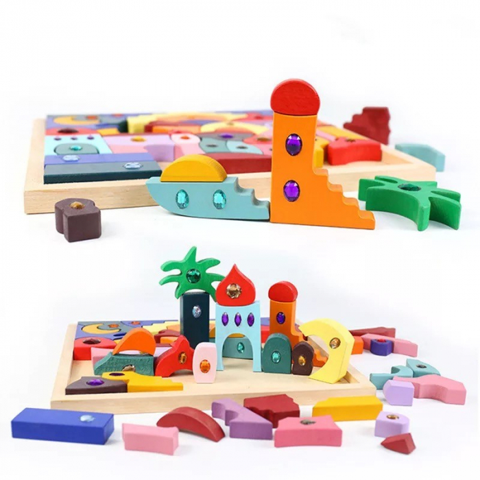Joc Montessori Fairy Jumbo Rainbow, din lemn cu pietricele [2]