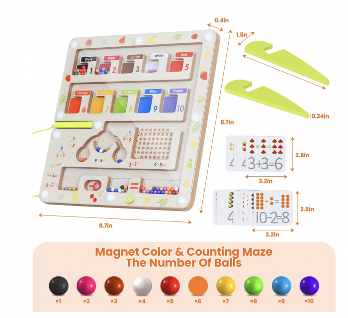 Joc Montessori Labirintul magnetic cu bile colorate si operatiuni matematice, din lemn [3]